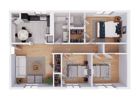 a 3d rendering of an open floor plan with a kitchen and living room